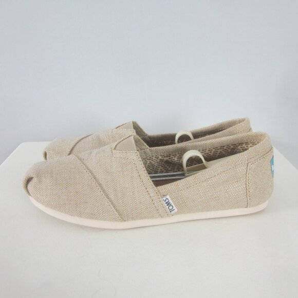 Toms Womens 8 Beige Slip On Rubber Soled Shoes Metallic Linen Flats Light Weight - Picture 4 of 12